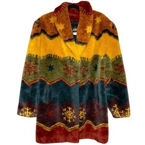 Vintage 90s Teddy Jacket Coat Mid Length Sz M Oversized Green Brown Cozy Plush